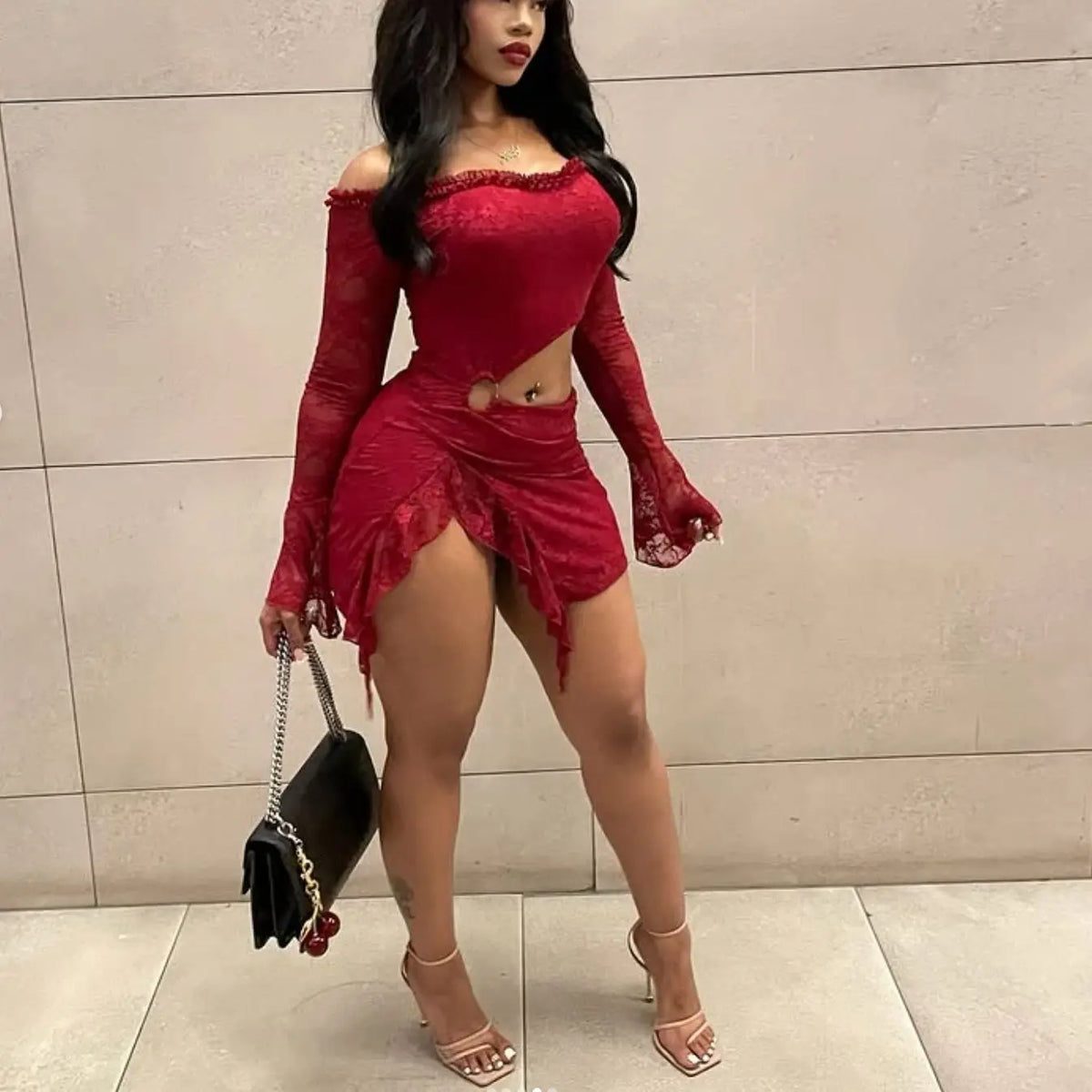 Cyflymder   autumn new spicy girl sexy exposed navel lace patchwork strapless lace dress