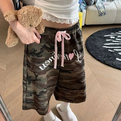 Cyflymder  American Retro Letter Embroidery Capri Pants Summer Camouflage Female Clothing Casual Wide Leg Fashion Drawstring Straight Pants