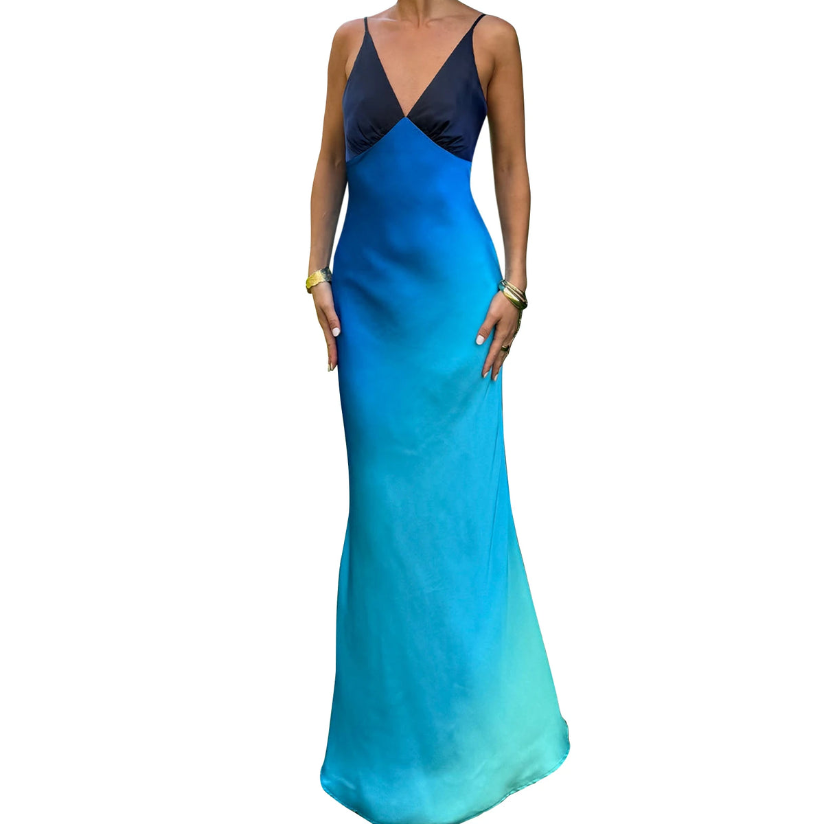 Cyflymder   Summer Elegant Women's Sling V-Neck Party Long Dress Fashion Gradient Color Sleeveless Spaghetti Strap Backless Slim Dress