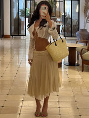 Cyflymder  Solid Lace Patchwork Pleated Mini Skirt Female Mid-waist Mesh Double-layer Puffy Skirt Y2k Lady Summer Daily Casual Bottoms New
