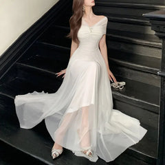 Cyflymder  Women Off Shoulder Sweetheart Tulle Maxi Dress Fashion Twist Backless Slash Neck Ruched A Line Gown Evening Party Long Dress New