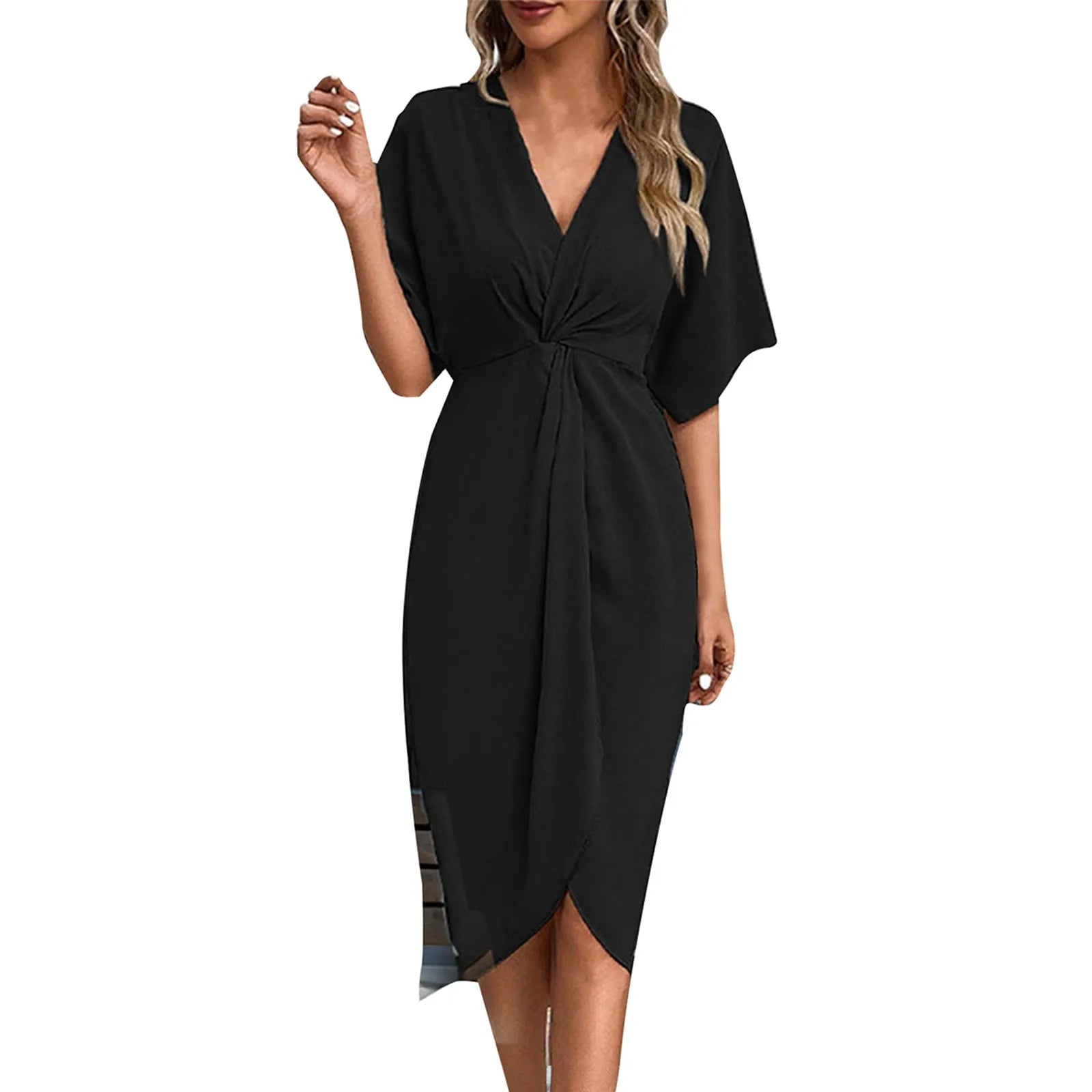 Cyflymder  V-neck Irregular Pleated Casual Temperament Short Sleeve Dresses Temperament Commuter Wrap Type Kinky V-neck Dresses ropa mujer