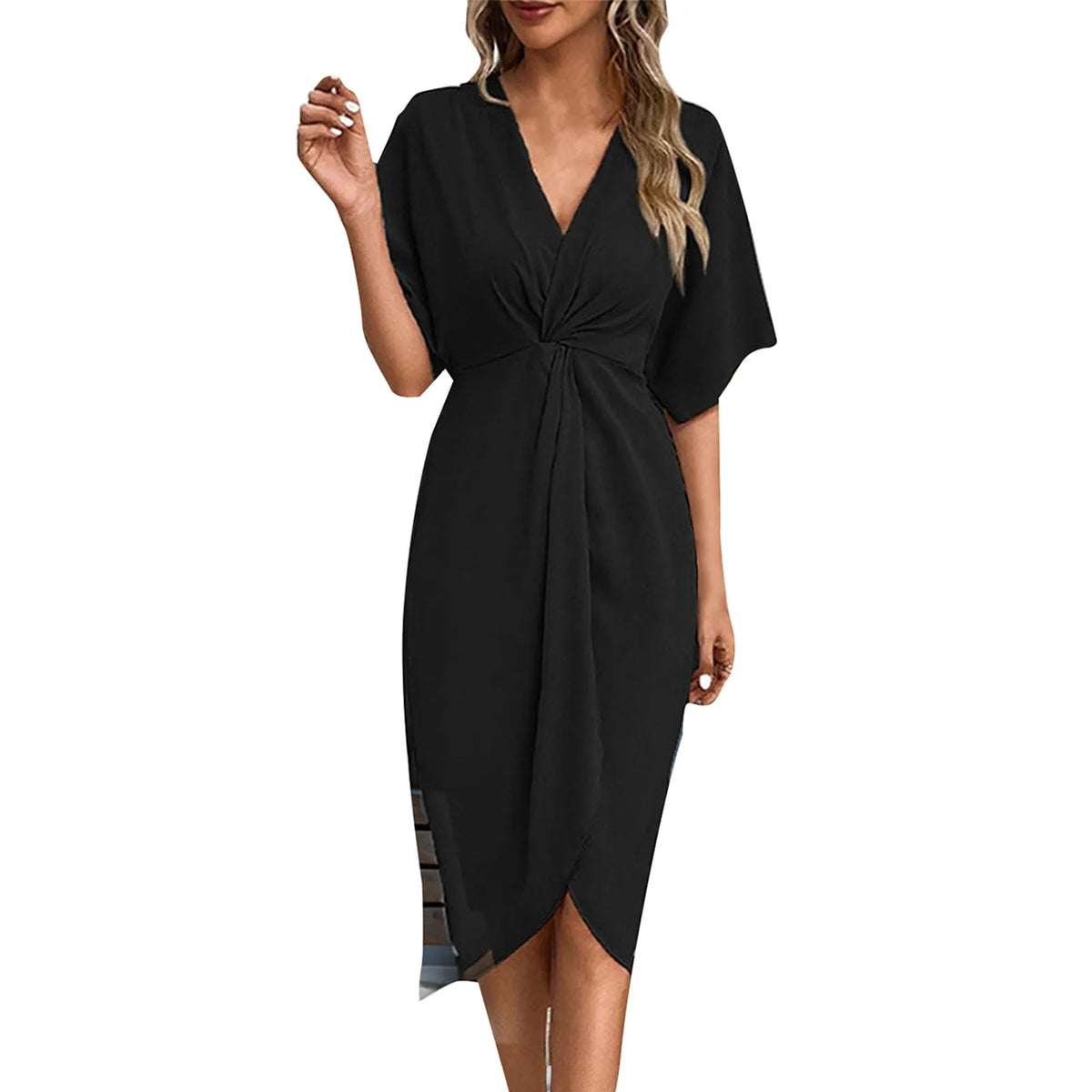 Cyflymder  V-neck Irregular Pleated Casual Temperament Short Sleeve Dresses Temperament Commuter Wrap Type Kinky V-neck Dresses ropa mujer