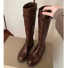 Cyflymder   New Design Belt Buckle Knee-High Boots Woman Zipper Low Heels Shoes Autumn Winter Round Toe Botas Para Mujer