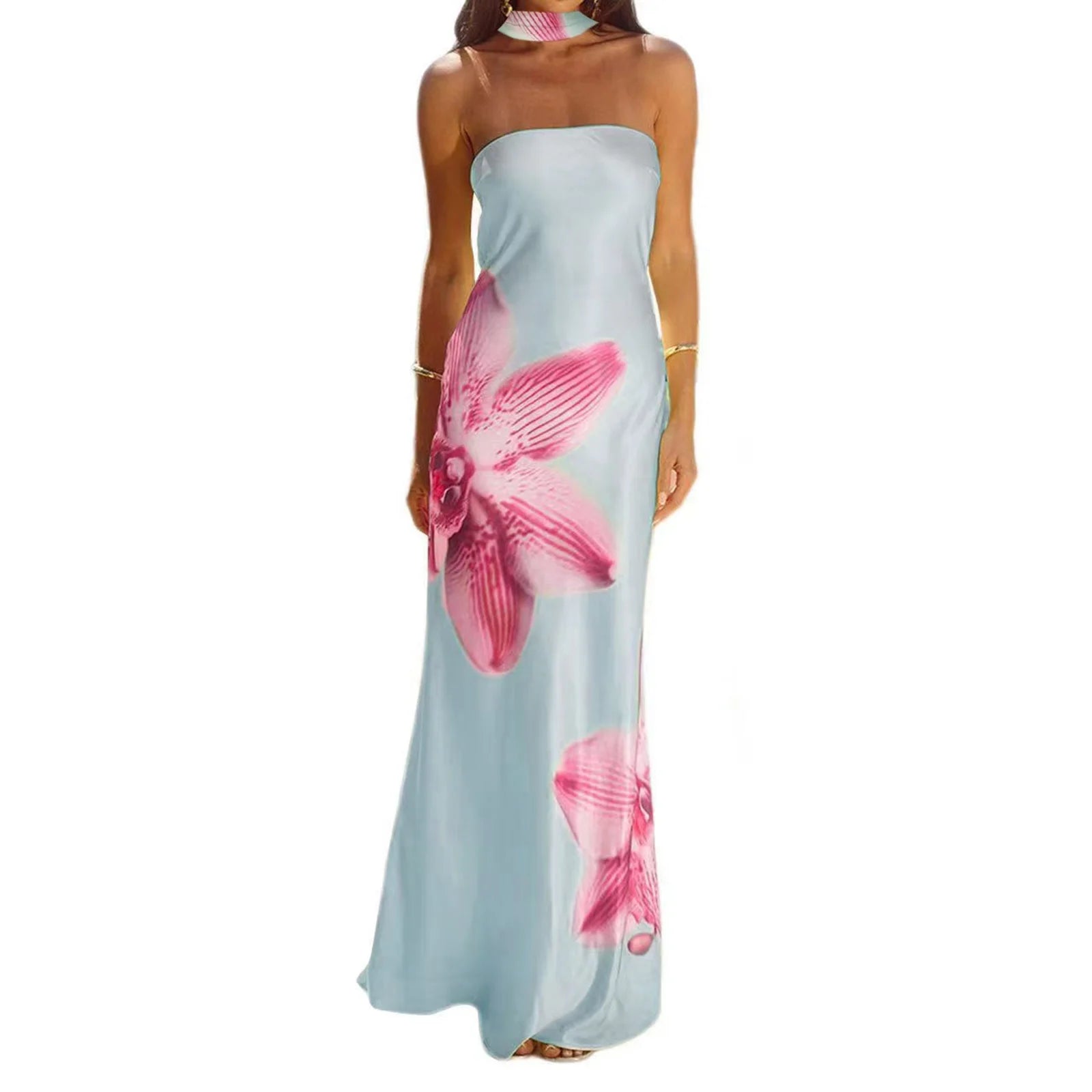 Cyflymder  Elegant Off-Shoulder Maxi Dress with Floral Print and Matching Shawl Women s Sleeveless Summer Gown for Special Occasions