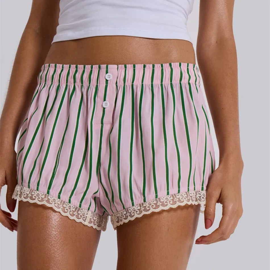 Cyflymder  Y2K Boxer Shorts Women Striped Gingham Lounge Pajama Low Elastic Waist Sleep Lace Trim Micro Short Pj Mini Pants