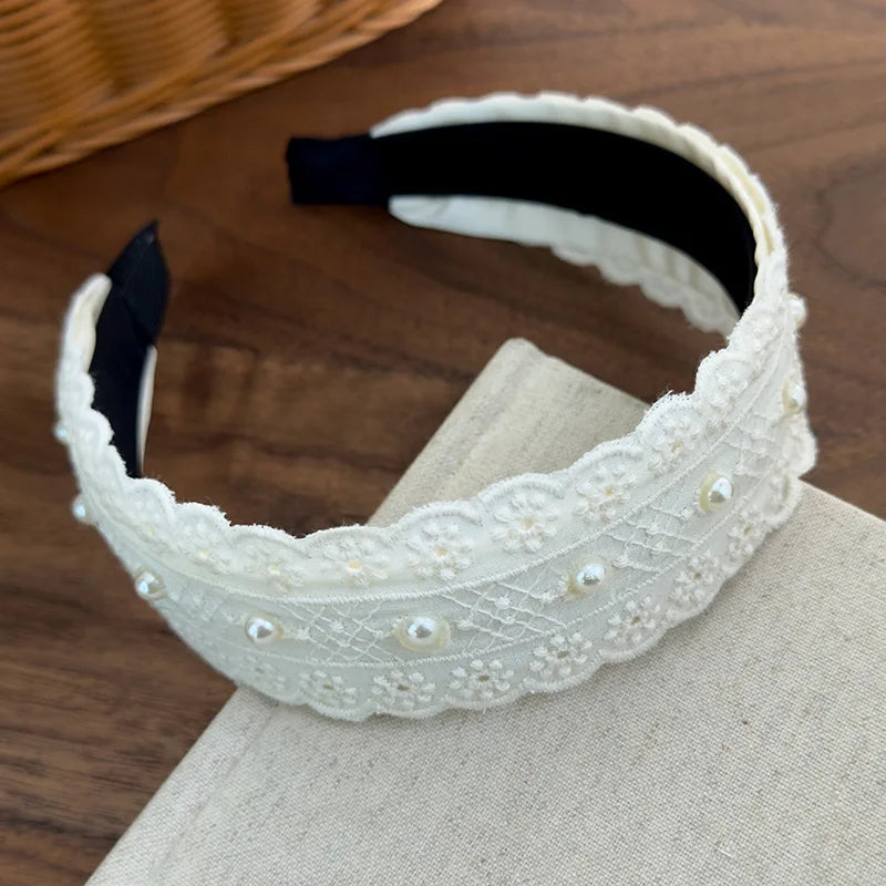 Cyflymder  Boho Headband Lacework Pearl Bow Fabric Wide Band Retro Hair Accessory For Women Lightweight Non Slip New Arrival