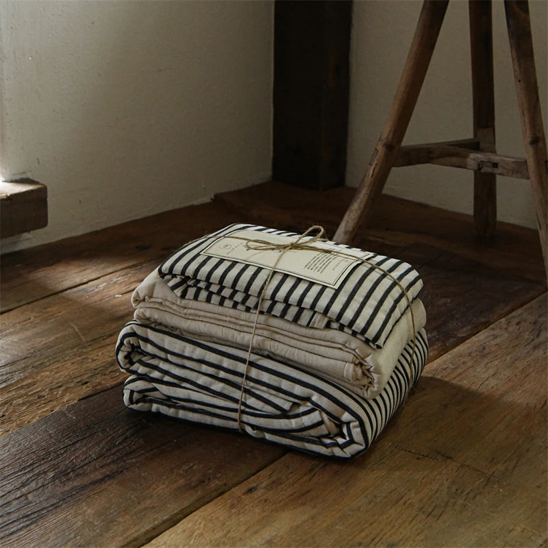 Cyflymder  Linen Cotton Simple Stripes Jacquard Nordic Style Bedding Set Single Double Queen King Duvet Cover Flat/Fitted Sheet Pillowcase
