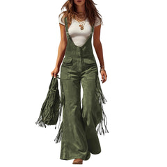 Cyflymder  Retro American Ladies' High-end Temperament Jumpsuit Western Suede Fringed Wide-leg Overalls Chic Adjustable Straps Trousers