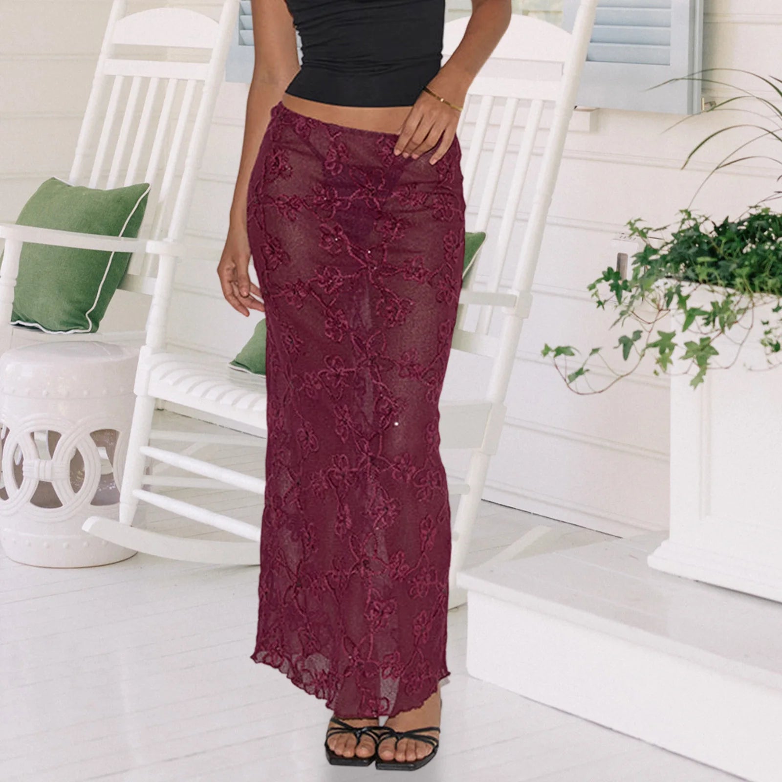 Cyflymder  Coquette Lace Skirt y2k Women Solid Color Sheer See Through Low Rise Mesh Long Skirt 2000s Club Party Skirts Streetwear