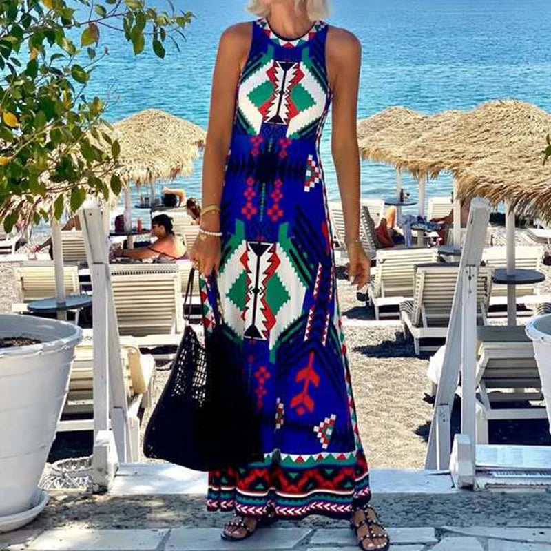 Cyflymder  New Elegant O-neck Bohe Vacation Dress Women's Fashion Pattern Printed Beach Long Dress Casual Sleeveless Slim Fit Party Dresses