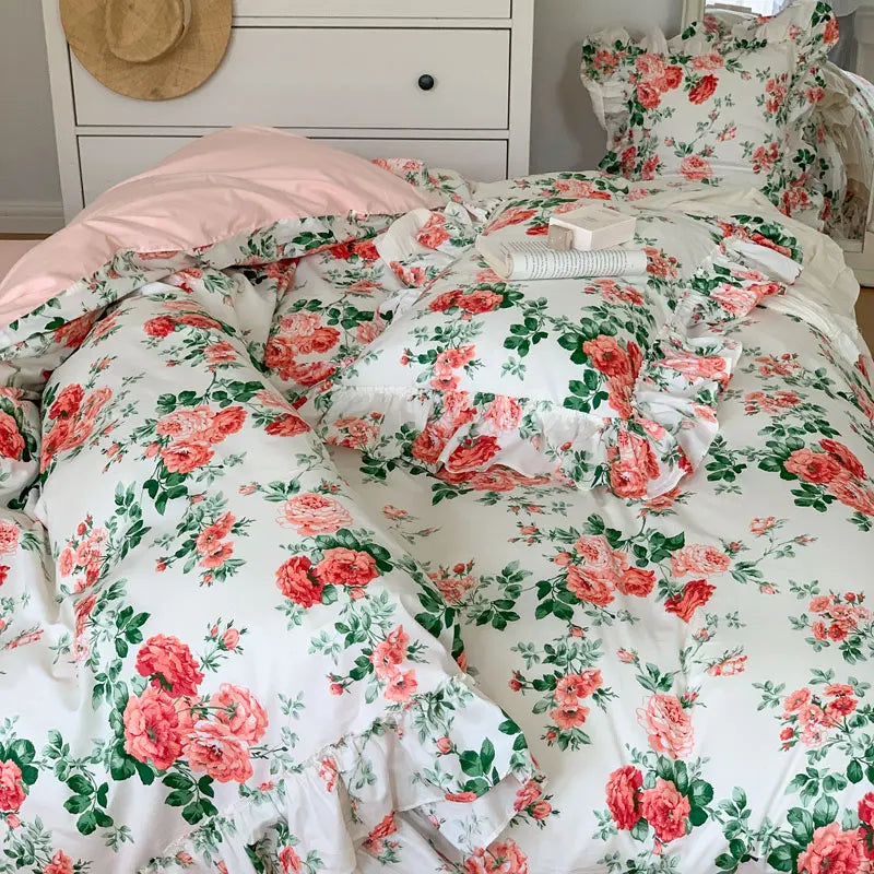 Cyflymder  French Vintage Bed Skirt Bedding Set 100% Cotton Rose Print Linen Set Lace Ruffles Duvet Cover Bed Sheet Fitted Sheet Pillowcase