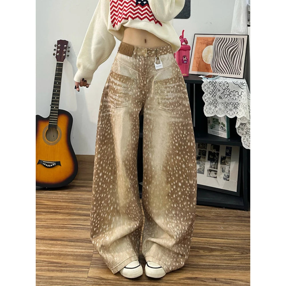 Cyflymder  American Baddie Style Distressed Speckled Printing Wide Leg Jeans Retro Fashion Simple Versatile Women's Denim Pants
