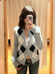 Cyflymder  Diamond Jacquard Button Sweater Coat Women Autumn New Casual Slim Cotton O-neck Casual Jumper Tops Sweet Preppy Style Cardigan