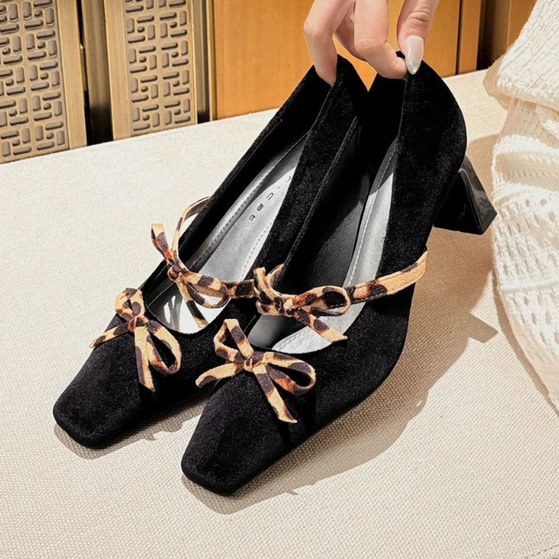 Cyflymder  Luxury Velvet Square Toe High Heeled Women Pumps Leopard Bowknot Chunky Heel Mary Jane Shoes Ladies Elegant Wedding Bridal Heels