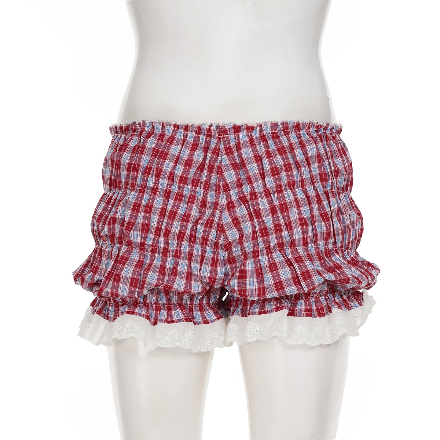Cyflymder  Sweet Plaid Lace Trim Low-Waisted Shorts Slim Patchwork Low-Waisted Shirts Women Summer Fashion Streetwear Ladies