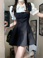 Cyflymder  Kawaii Preppy Style Suit Black Slip Dress White Blouse Spring Sweet Korean Fashion Femle Outfit Women Elegant Two Pieces