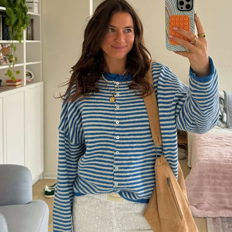 Cyflymder  Stripe Women's Cardigan O-neck Single Breasted Full Sleeve Casual Loose Female Knit Cardigan 2025 Autumn Cozy Fashion Lady Coat