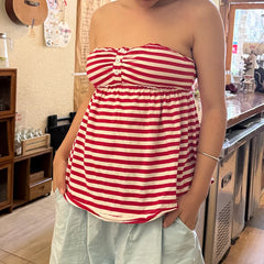 Cyflymder  Women Strapless Babydoll Tube Tops Coquette Off Shoulder Bandeau Peplum Vest 90s Vintage Striped Backless Crop Tops Going Out