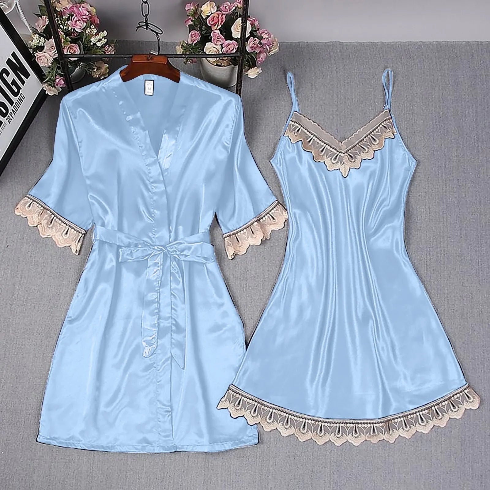 Cyflymder  2-Piece Women Sexy Garter Lingerie Set Robes Lace Splicing Deep V-Neck Nightgown Elegant Fashion Solid Color Retro House Cloth