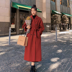 Cyflymder Winter Trench Coat For Women Elegant Fashion Korean Casual Thick Wool Coat Red Lace-up Long Jacket  Black Woman Coat With Blet