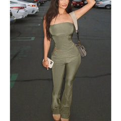 Cyflymder  Stylish 2 Piece Sets Woman Skinny Tube Tanks Top Full-length Flare Pants Solid Color New in Matching Sets 154318