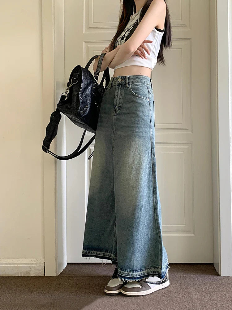 Cyflymder Y2k Raw Edge Stitch Maxi Denim Skirt Plain Casual High Waist Long Jeans Skirt Korean Dongdaemun Retro Women Streetwear