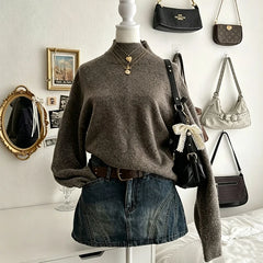 Cyflymder  Women's Y2K retro aesthetic brown turtleneck knit sweater long soft warm solid color pullover suitable women's autumn and winter