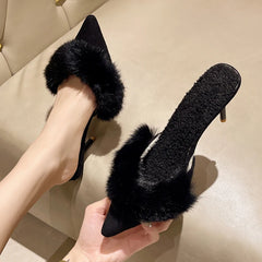 Cyflymder Spring Faux Fur Mules Slippers Women Pointed Toe Slip-On Thin Heels Sandals Woman Short Plush Lined Closed Toe Slides Shoes