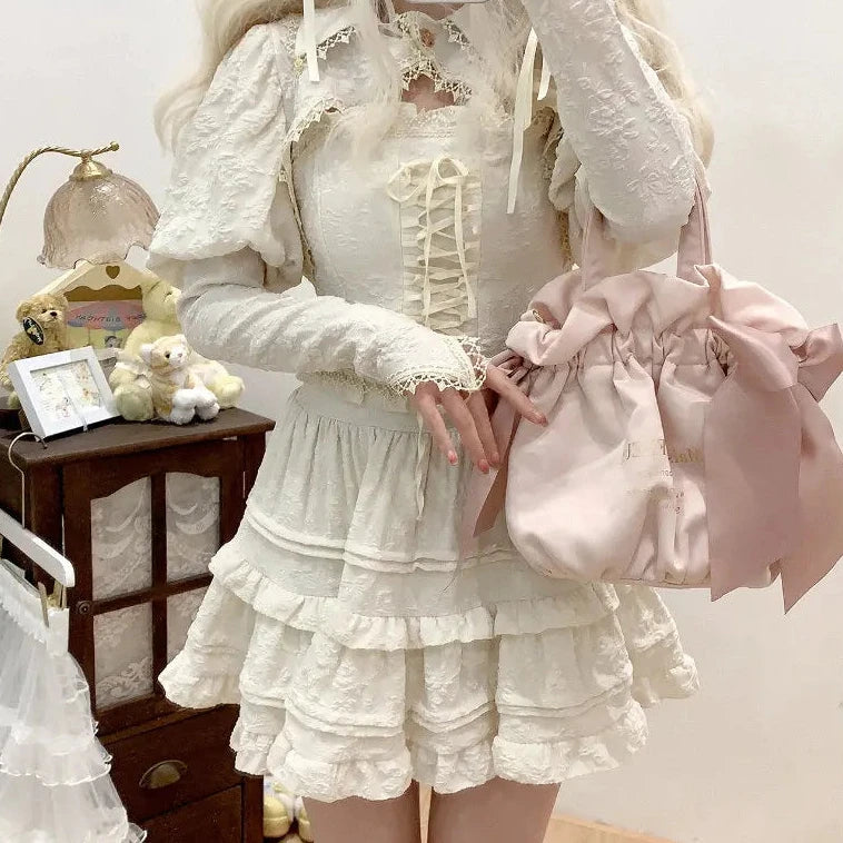 Cyflymder DRESS TO IMPRESS Autumn Kawaii Lolita Style Pink Skirt Sets Women Sweet Lace Bandage Tank Top Cute Mini Cake Skirt Chic Jacquard Relief Rose Suit