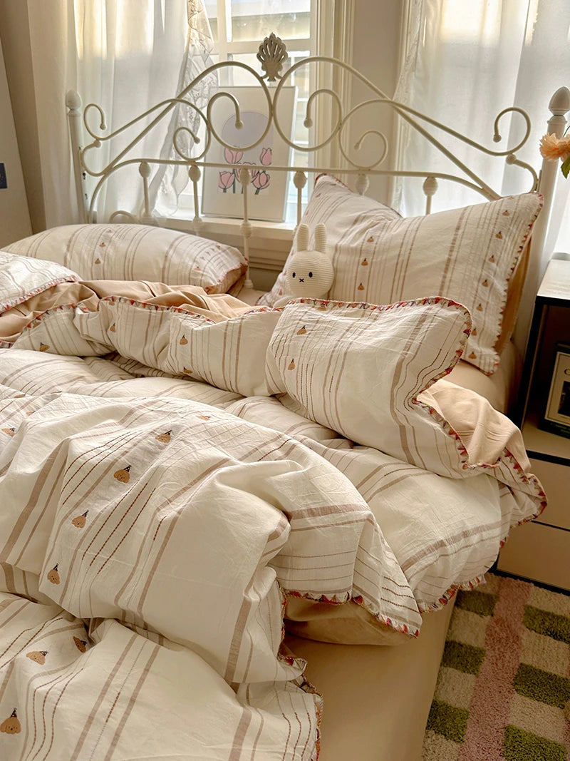 Cyflymder  100% Cotton Yarn-dyed Jacquard Floral Bedding Set Single Queen King Size Duvet Cover Bed Sheet/Fitted Sheet Pillowcases 3/4Pcs
