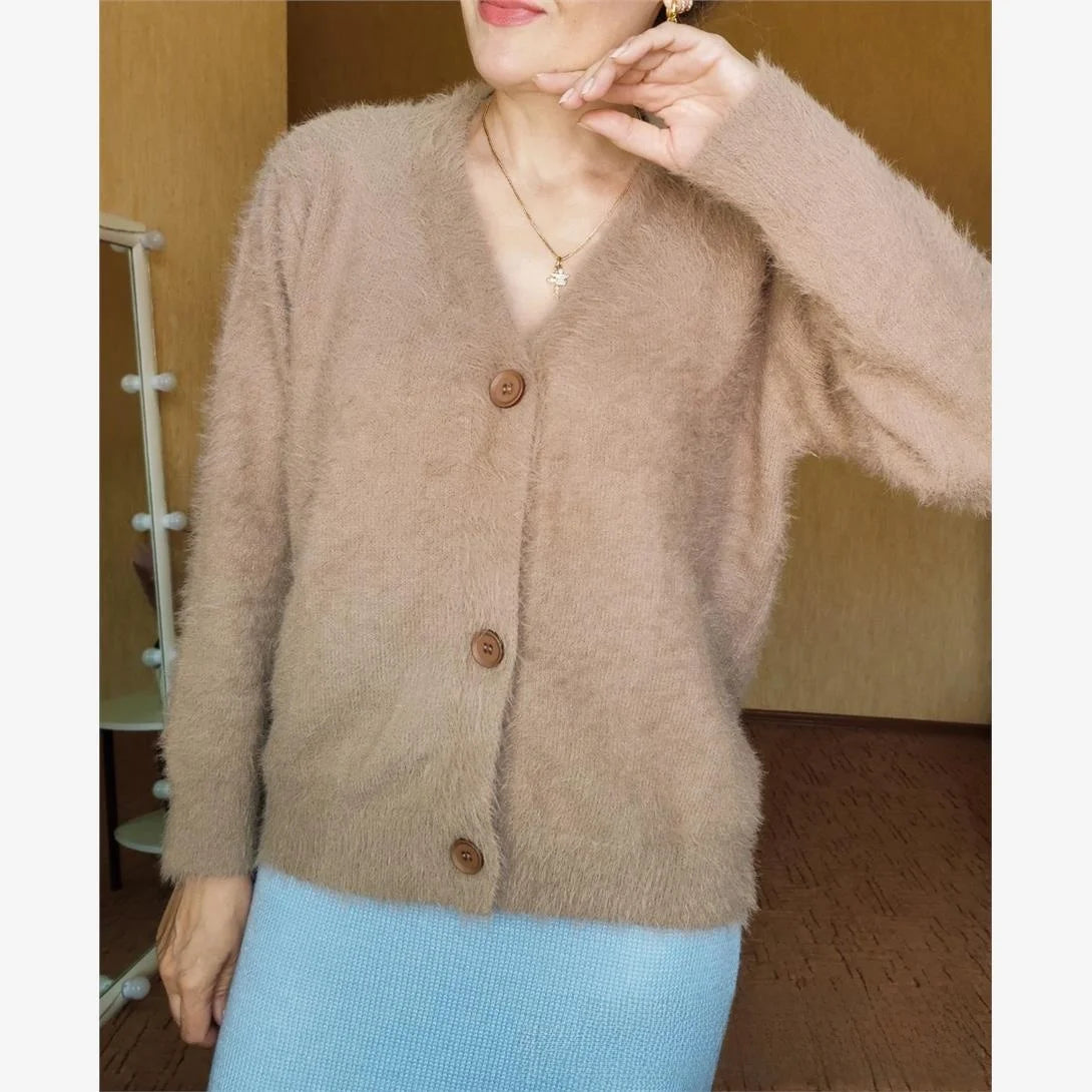 Cyflymder  Thiened Loose Knitted Cardigan Women's V-ne Fake Mink Sweater Soft Autumn New Sle Top Faion Outerwear Coat
