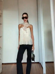 Cyflymder  Sleeveless Blouse For Women Trendy Lace Neck Spaghetti Strap Deep V Open Back Pleated Hem T-shirt Office Casual Lady's Top