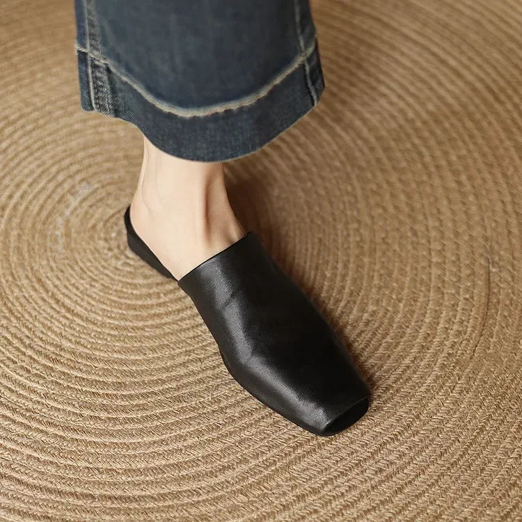Cyflymder  NEW Summer Women Mules Genuine Leather Shoes for Women Peep Toe Low Heel Shoes Cover Toe Women Sandals Concise Modern Slippers