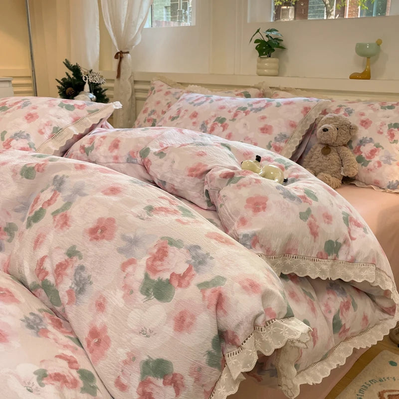 Cyflymder  INS Korean Style2025 New Yungan Cotton Wrinkled Double-layer Yarn Lace Bedding Sets
