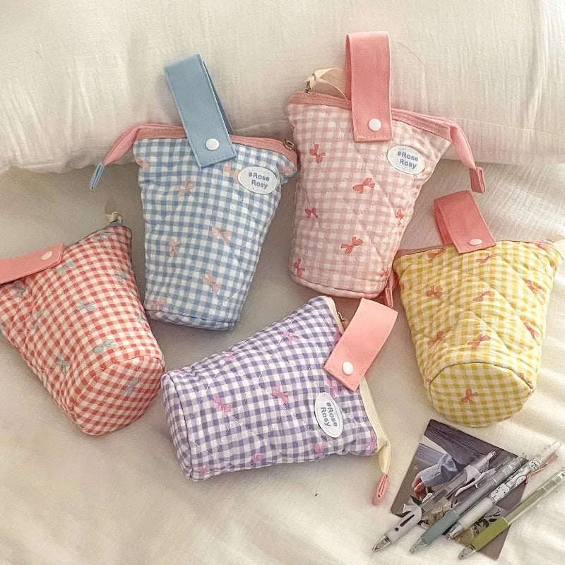 Cyflymder  1 Piece Sweet Chic Pen Holder for Kids Girl Cute Princess Bow Plaid Pencil Pouch School Portable Large Capacity Stationery Bag