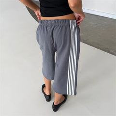 Cyflymder   Women Y2K Vintage Loose Baggy Bermuda Jogger Shorts Side Stripes Knee Length Sweatpants Elastic Waist Sports Loungewear Bottom