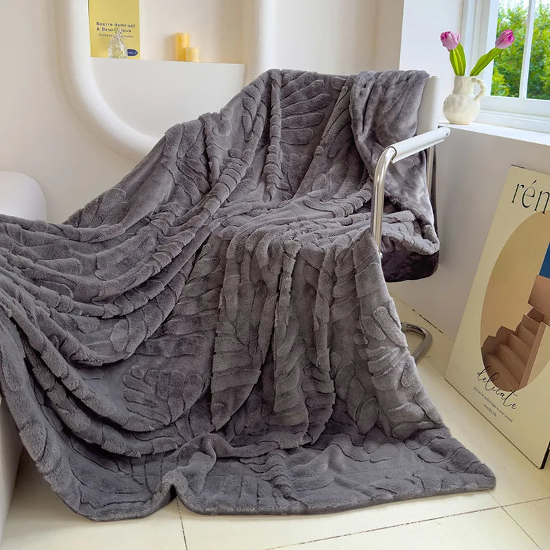 Cyflymder  Solid Banana Leaf Jacquard plush blankets Double Layered Thick Faux Rabbit Fur Bedspread Multi-Functional Office Nap Blanket