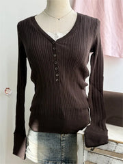 Cyflymder  Knitted V-neck T-shirts Women Autumn Buttons Slim