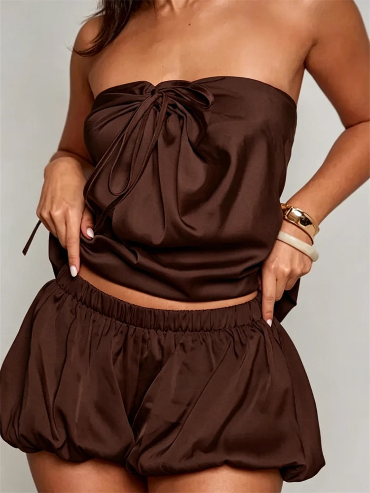 Cyflymder   Women Two Pieces Shorts Sets Solid Satin Sleeveless Backless Tie-up Crop Tops with Bubble Shorts Boho Vacation Beachwear