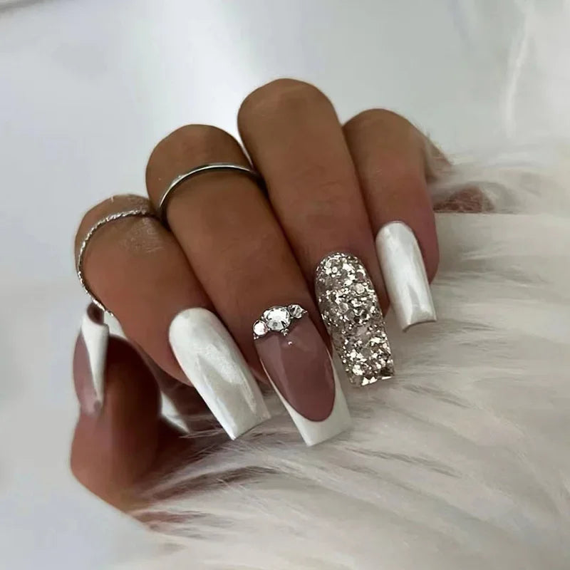 Cyflymder  24pcs Simple French False Nails With Gel White Square Head Fake Nails With Designs Short Press On Nails Natural Artificial Nail
