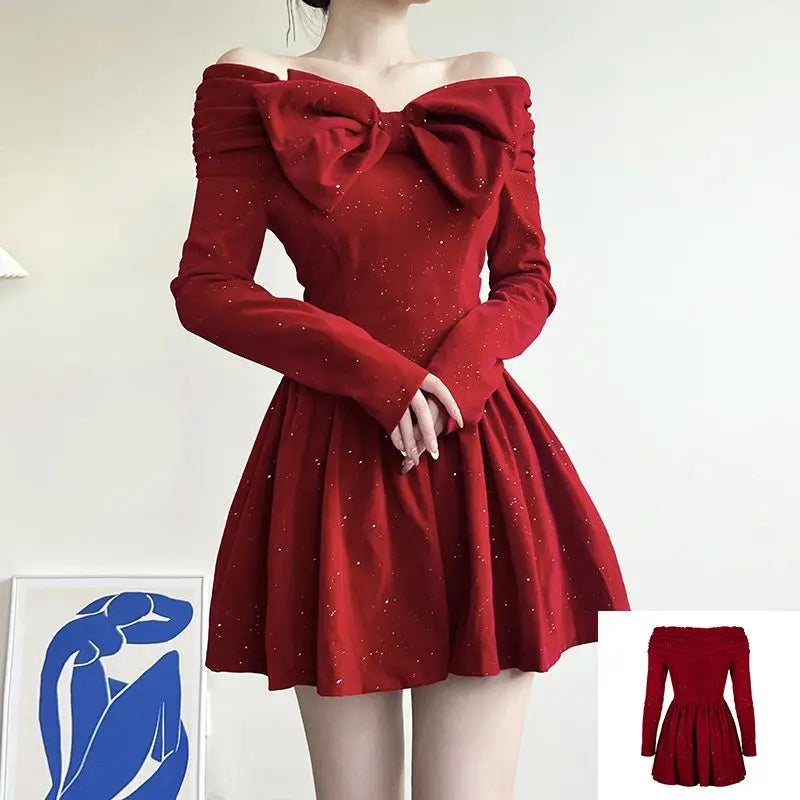 Cyflymder NEW YEAR DRESS Holiday Christmas Bow Velvet A-Line Red Dress Slim Slash Neck Long Sleeve Mini Dresses For Women Autumn Winter Lady