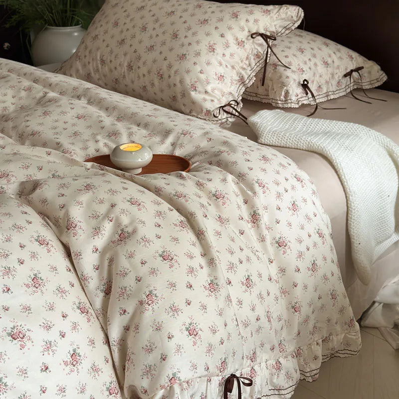 Cyflymder  100% Cotton Pastoral Floral Print Ruffles Bow Princess Bedding Set Queen King Duvet Cover Set Bed Sheet/Fitted Sheet Pillowcases