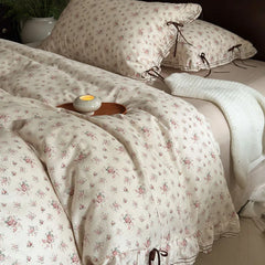 Cyflymder  100% Cotton Pastoral Floral Print Ruffles Bow Princess Bedding Set Queen King Duvet Cover Set Bed Sheet/Fitted Sheet Pillowcases
