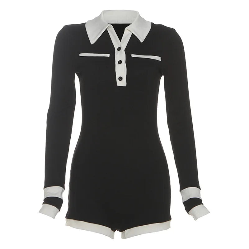 Cyflymder   Color Patchwork Ribbed Skinny Playsuits Autumn Women Fashion Polo-neck Long Sleeve Buttons Slim Casual Rompers Streetwear