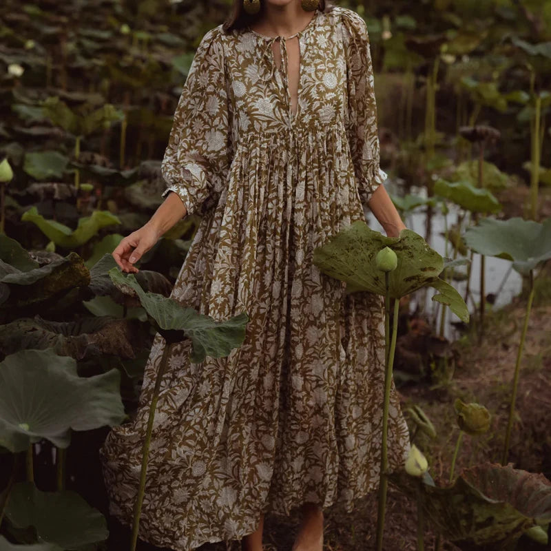 Cyflymder  Women Boho Floral Maxi Dress Ladies Fashion Puff Sleeve Flowy Long Dress V Neck Loose Fit Shirt Dress Bohemian Tiered Sundress