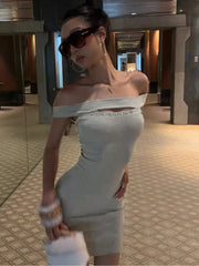 Cyflymder  Off-shoulder Rivet Hollow-out Bodycone Mini Dress Solid Color Sleeveless Tight Women Fashion Short Dress Sexy Partywear