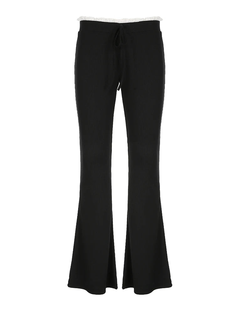 Cyflymder  Black Knit Flared Leggings Women Kawaii Ruched Patchwork Low Rise Skinny Casual Pants for Summer Streetwear y2k Trousers
