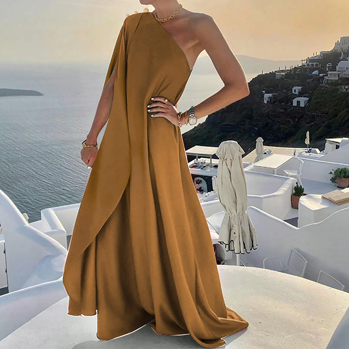 Cyflymder  Women Chic One Shoulder Maxi Dress Asymmetrical Sleeveless Large Size Boho Dress Summer Vacation Elegant Floor Length Dress