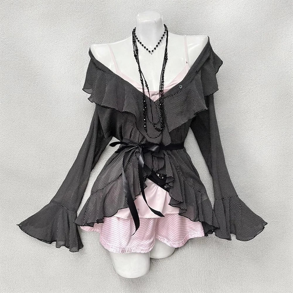 Cyflymder  Japanese Kawaii Shorts Sets Casual Cardigan Sweet Print Strap Tops Harajuku Y2k Shorts Female Elegant Lolita Outifits Set
